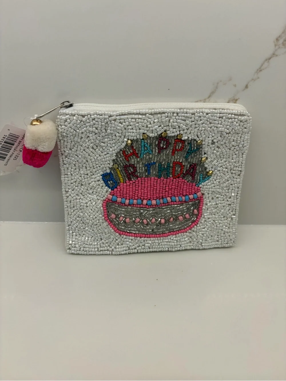 Beaded 'Happy Birthday' White Pouch
